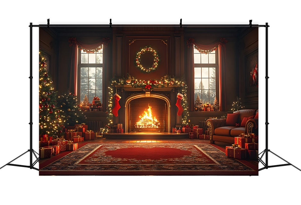 Christmas Warm Hearth Red Bows Backdrop RR8-261