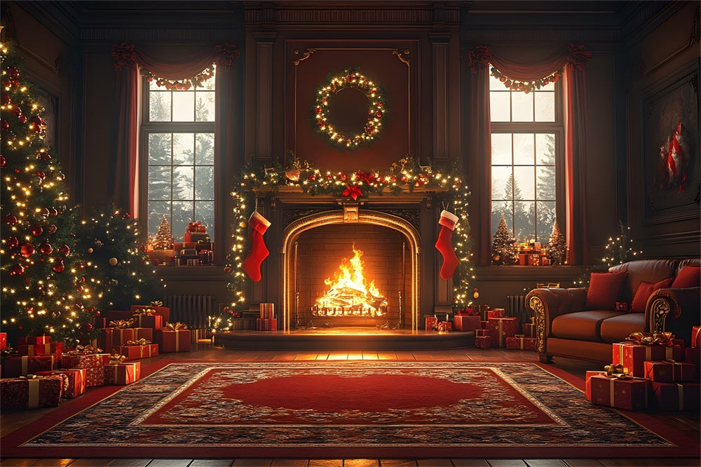 Christmas Warm Hearth Red Bows Backdrop RR8-261