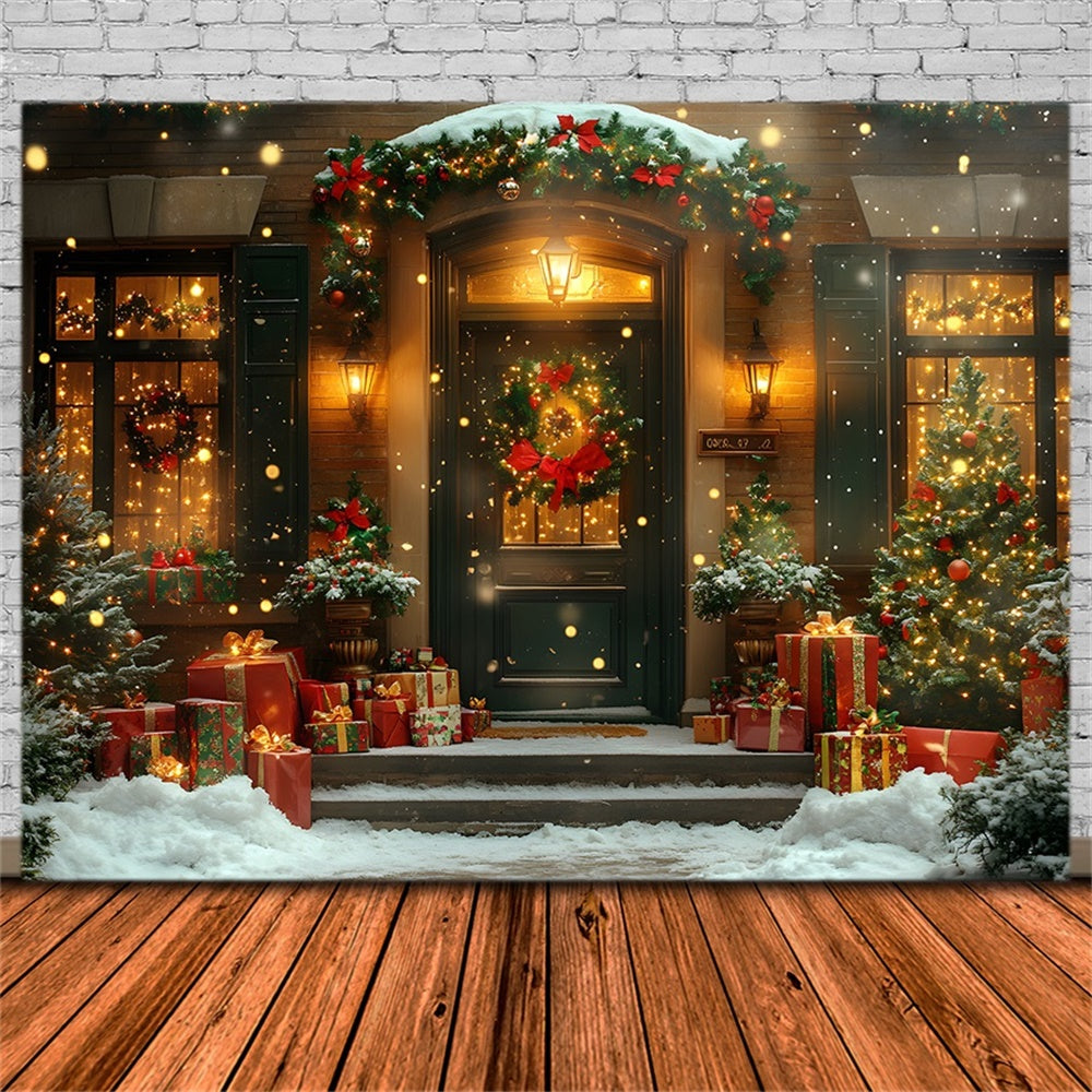 Christmas Cozy Porch Wreath and Trees Backdrop RR8-266