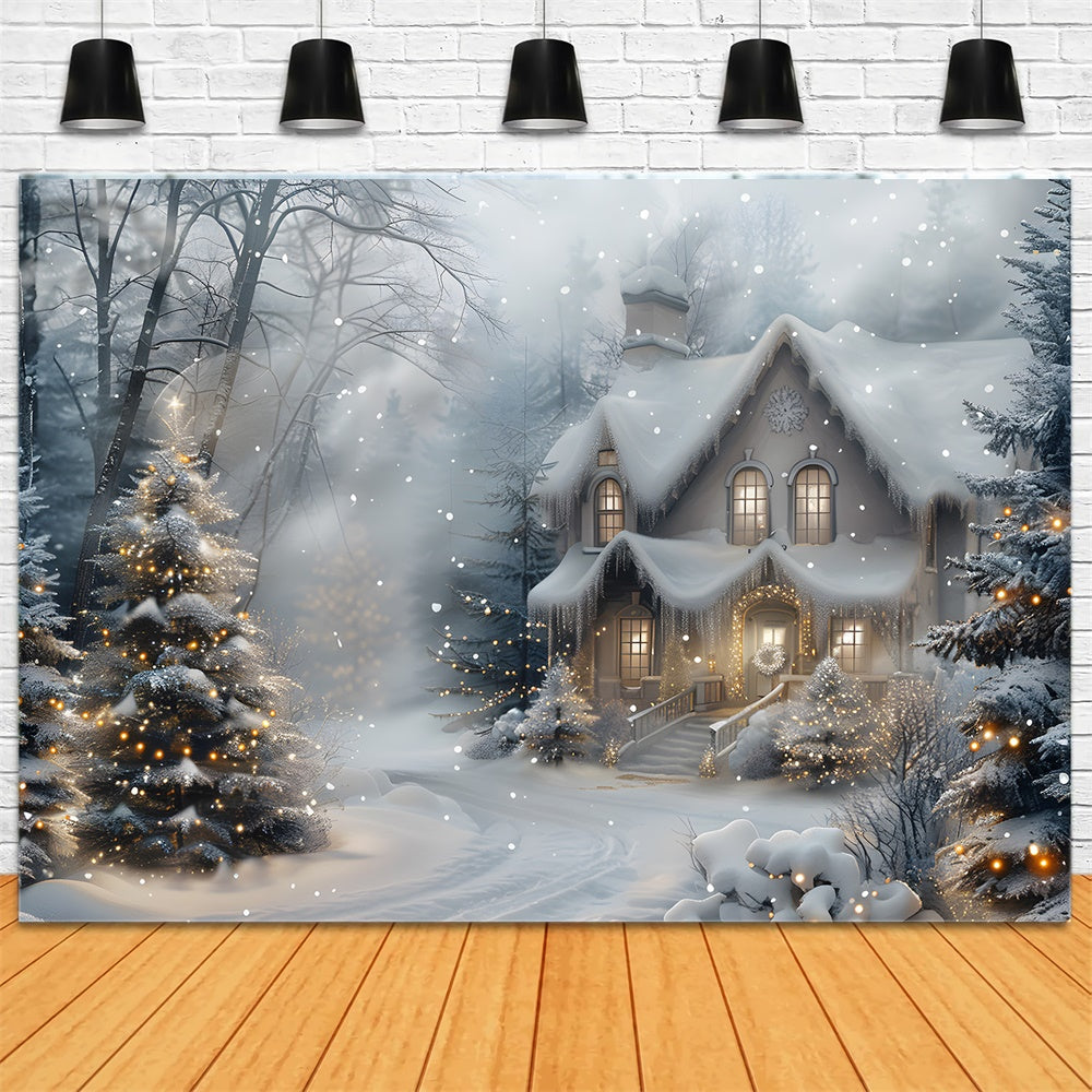 Christmas Snowy Forest House Lights Backdrop RR8-27