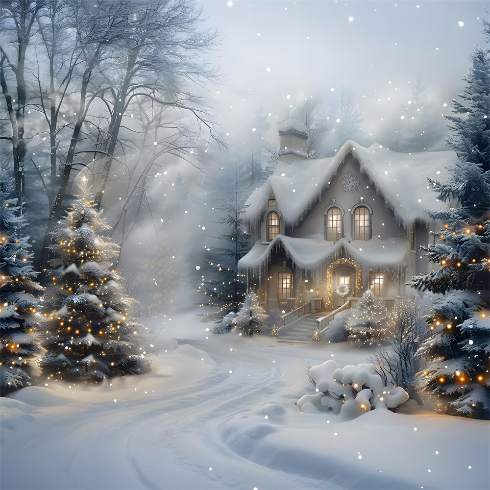 Christmas Snowy Forest House Lights Backdrop RR8-27