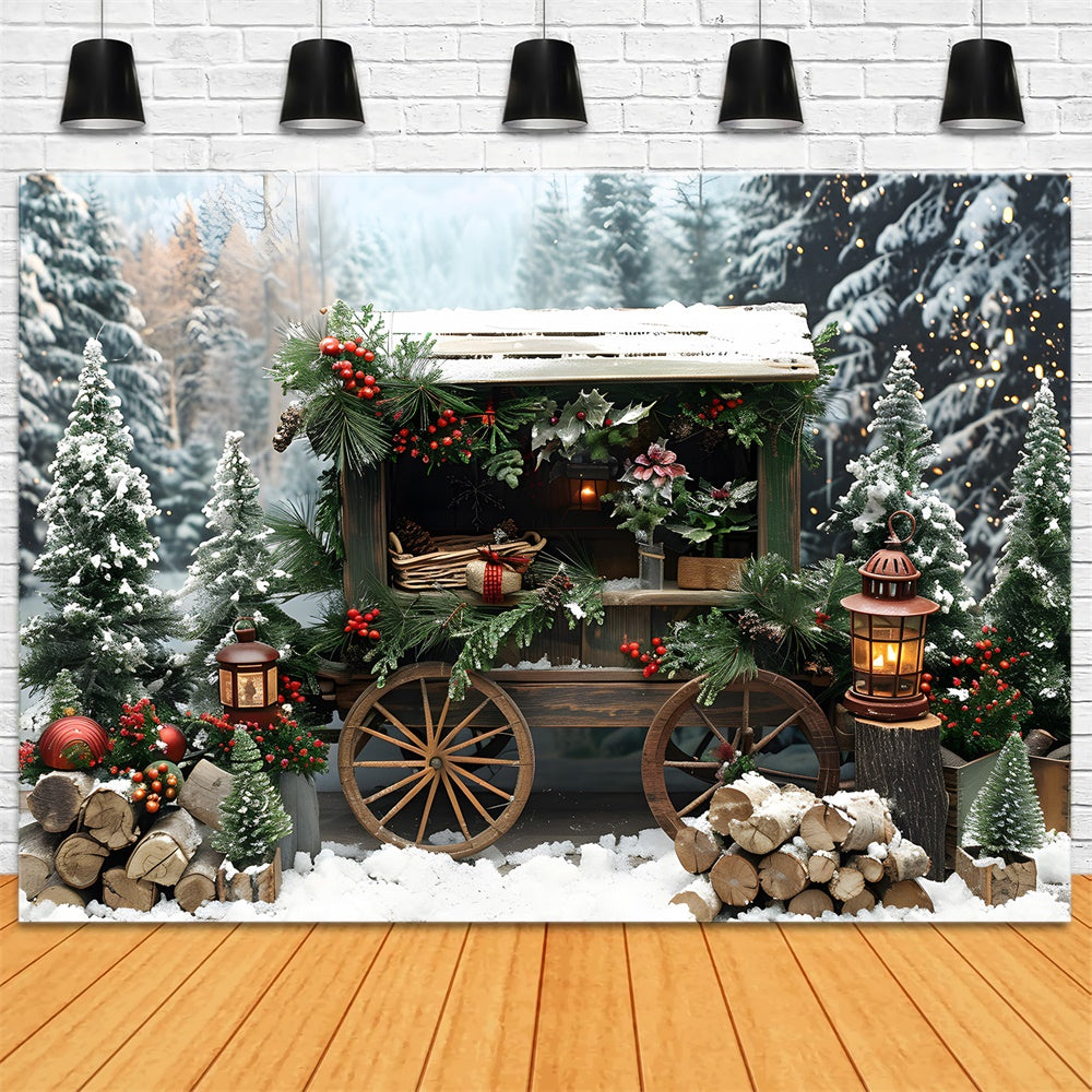 Christmas Snowy Fir Trees Wooden Cart Backdrop RR8-3