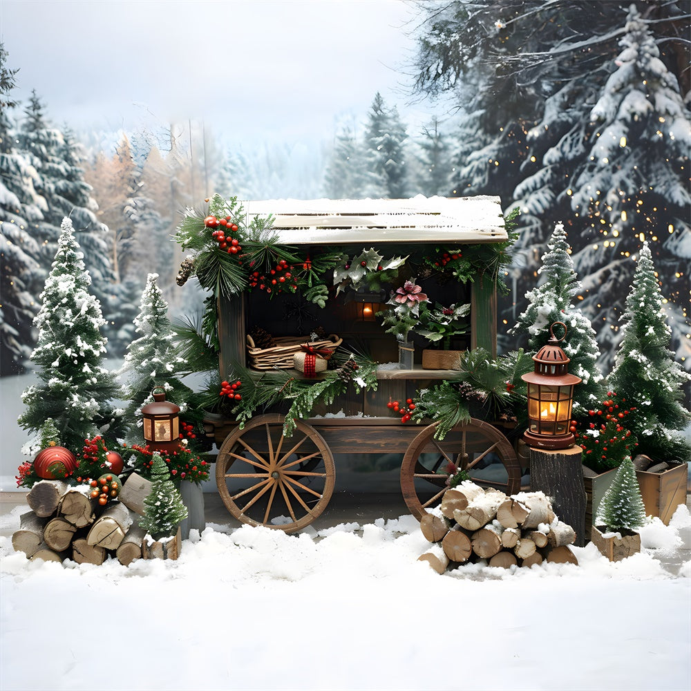 Christmas Snowy Fir Trees Wooden Cart Backdrop RR8-3