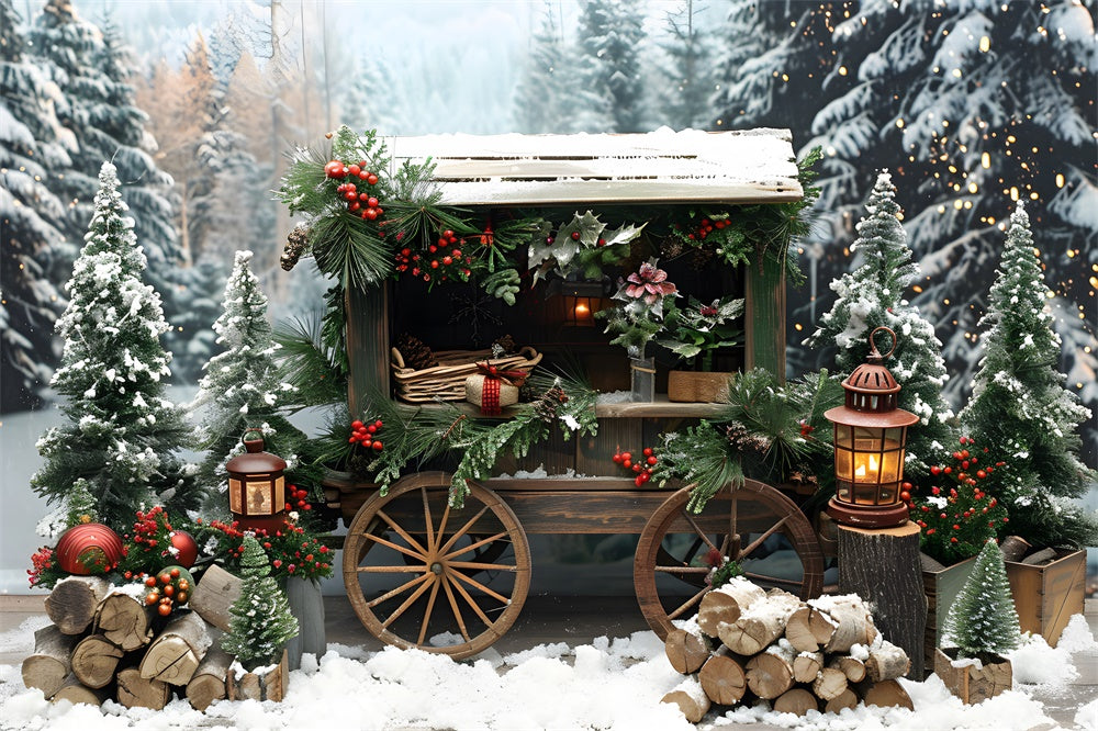 Christmas Snowy Fir Trees Wooden Cart Backdrop RR8-3