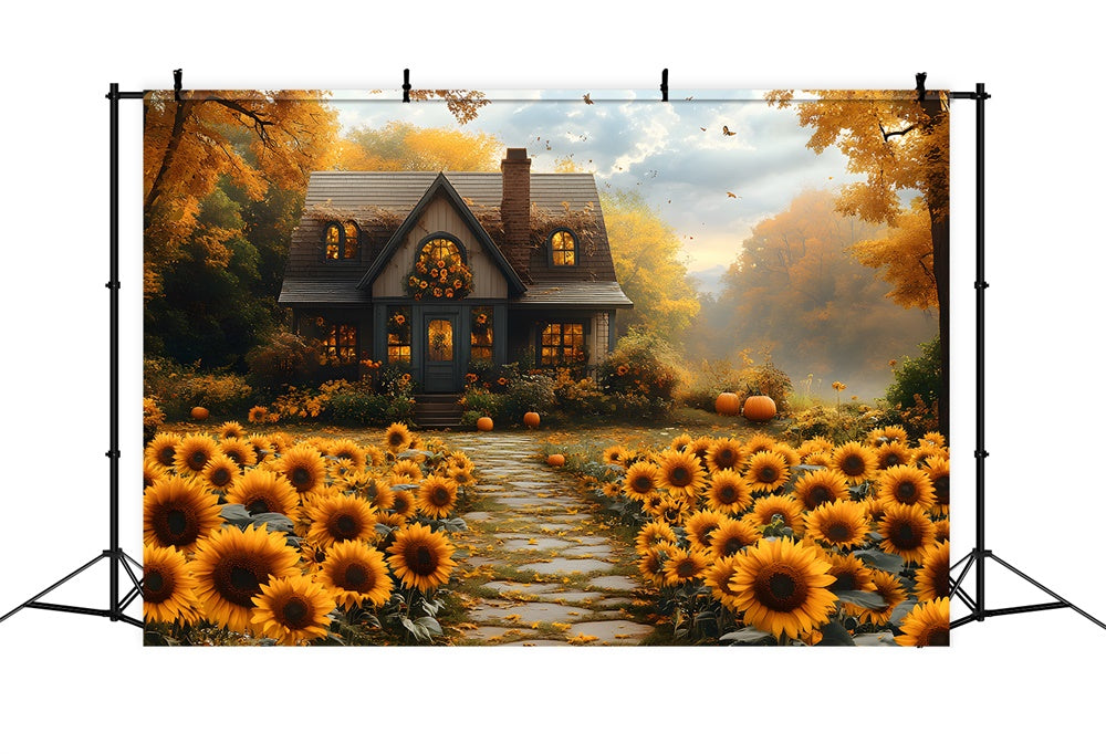 Autumn Sunflowers Wooden House Backdrop RR8-312