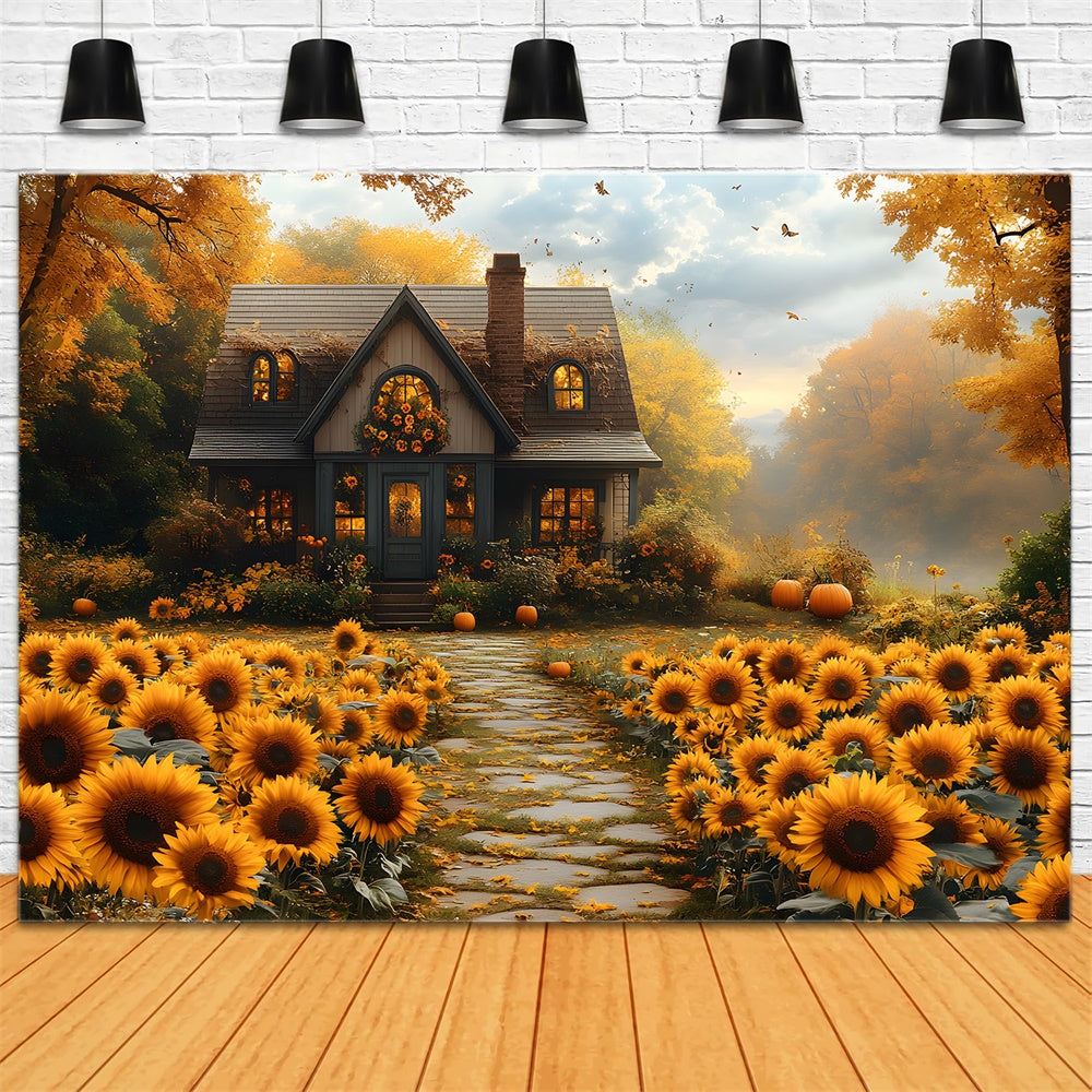 Autumn Sunflowers Wooden House Backdrop RR8-312