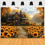 Autumn Sunflowers Wooden House Backdrop RR8-312