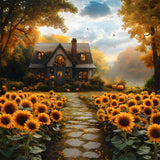 Autumn Sunflowers Wooden House Backdrop RR8-312