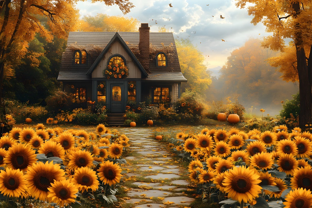 Autumn Sunflowers Wooden House Backdrop RR8-312