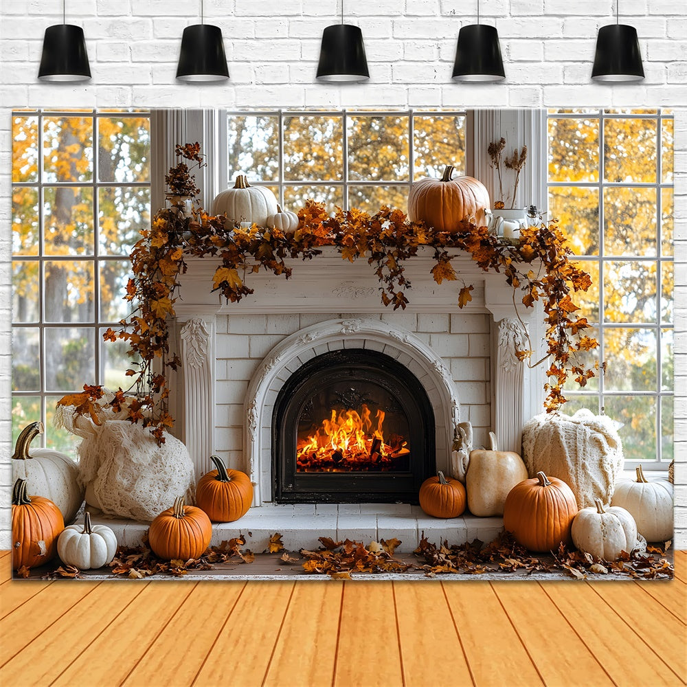 Autumn Pumpkins Burning Fireplace Backdrop RR8-319