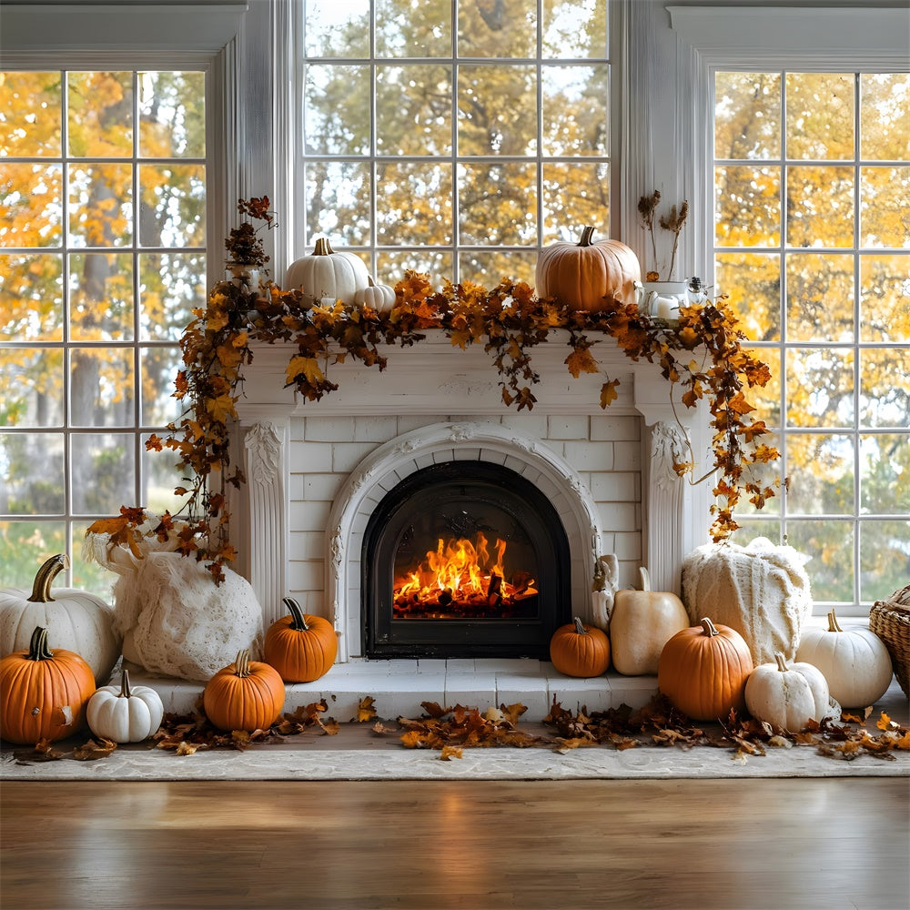 Autumn Pumpkins Burning Fireplace Backdrop RR8-319