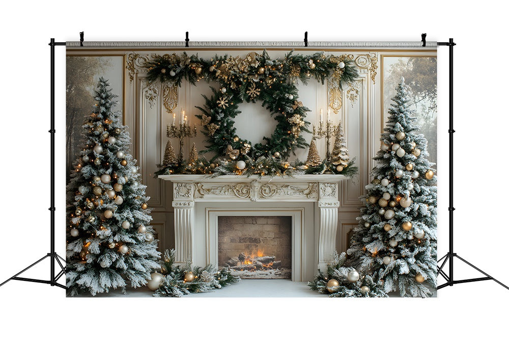 Christmas Trees Wreath Fireplace Backdrop RR8-32