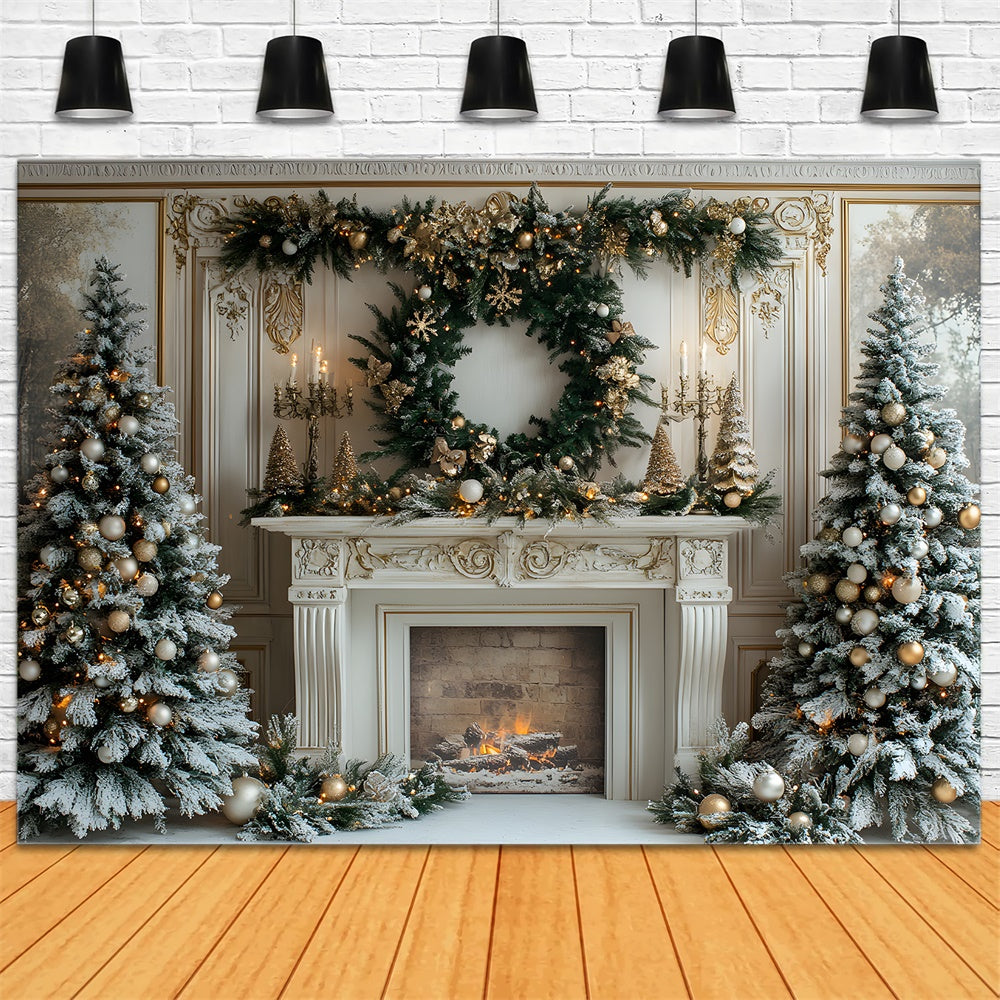 Christmas Trees Wreath Fireplace Backdrop RR8-32