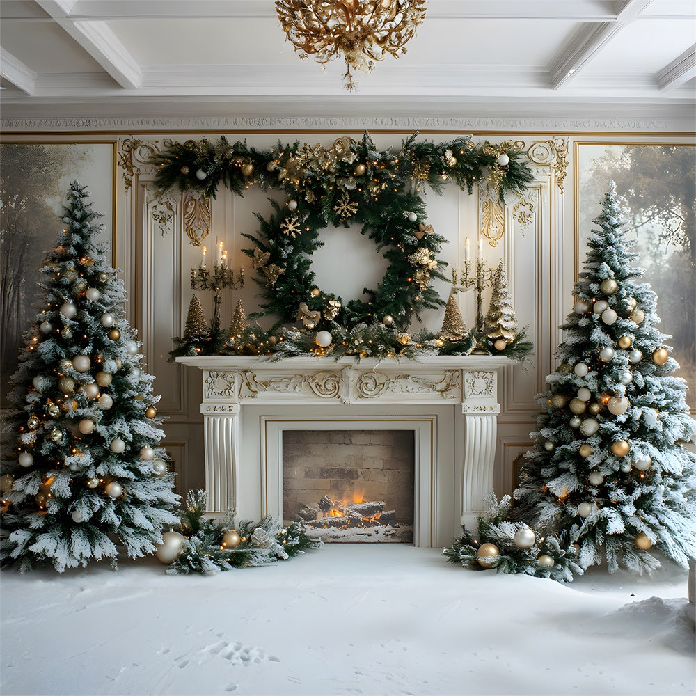 Christmas Trees Wreath Fireplace Backdrop RR8-32