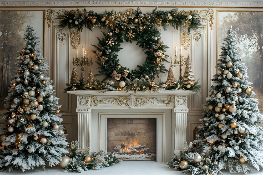 Christmas Trees Wreath Fireplace Backdrop RR8-32