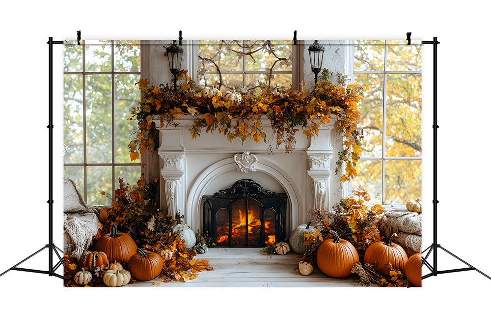 Fall Dried Leaves Fireplace Pumpkin Backdrop RR8-320