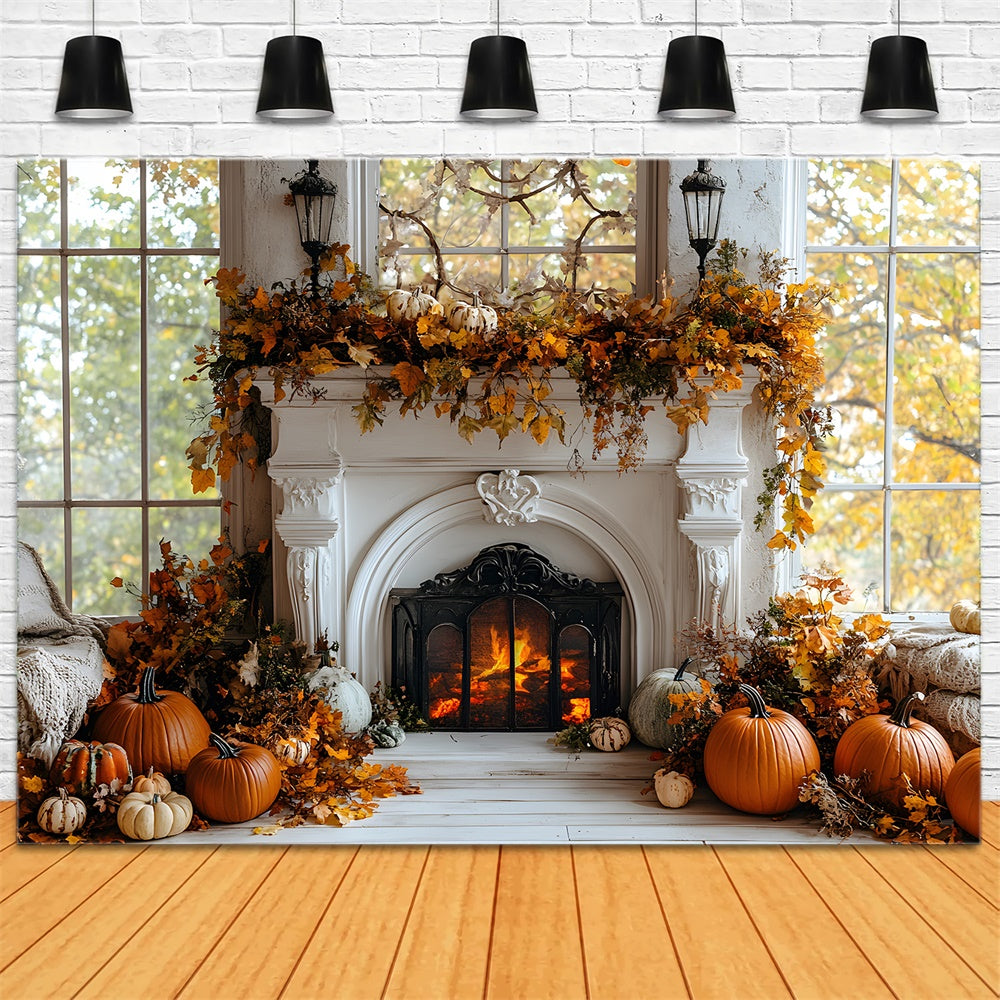 Fall Dried Leaves Fireplace Pumpkin Backdrop RR8-320