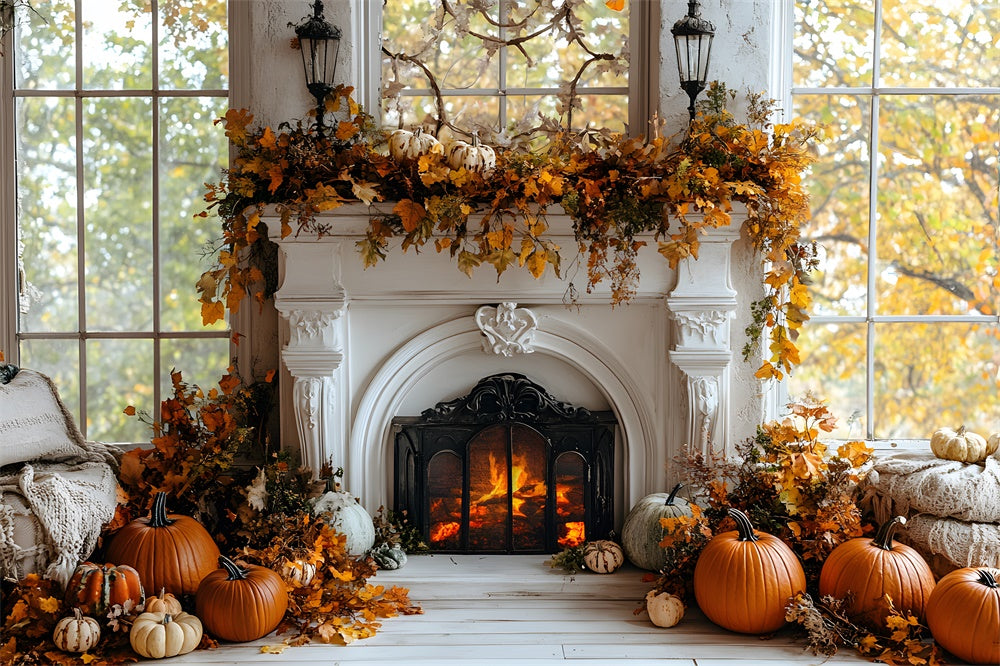 Fall Dried Leaves Fireplace Pumpkin Backdrop RR8-320