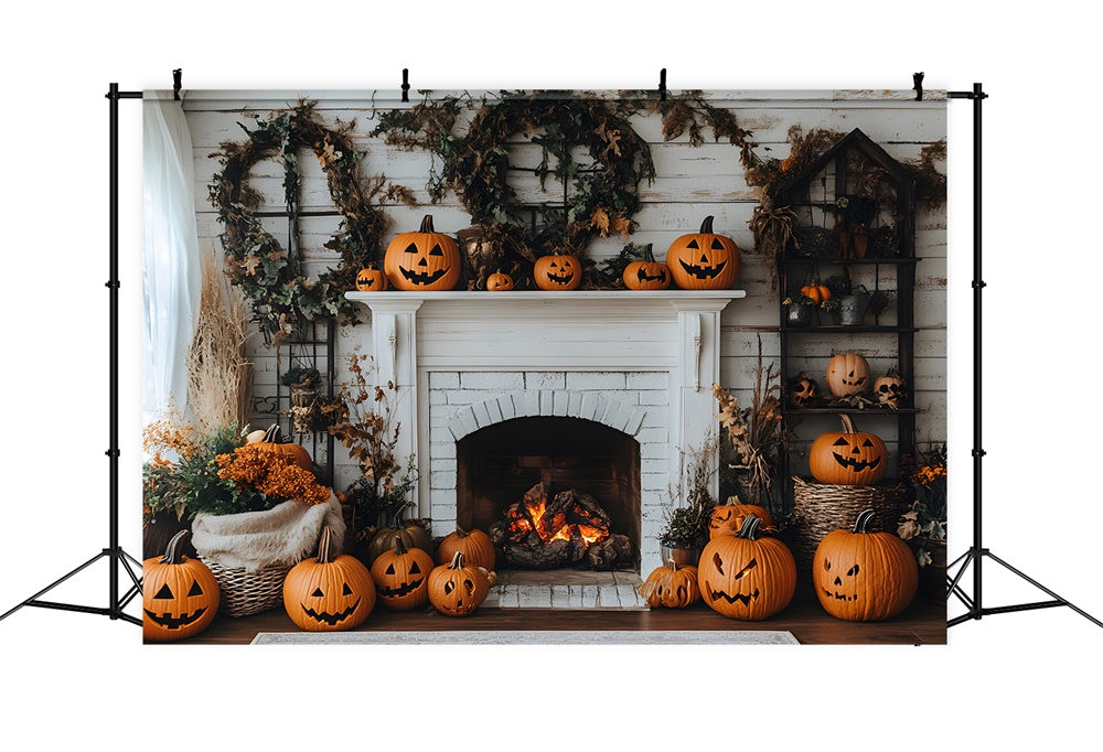 Fall Evil Pumpkins Wreath Fireplace Backdrop RR8-321