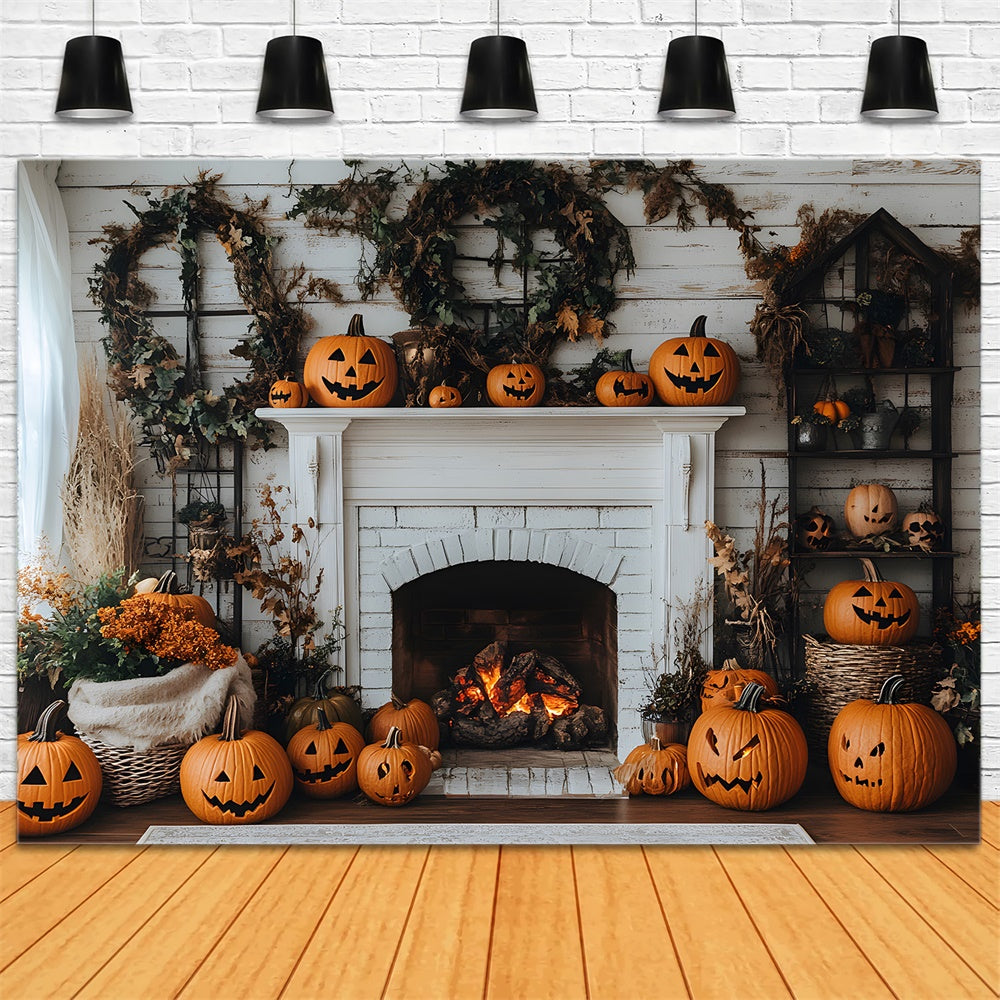 Fall Evil Pumpkins Wreath Fireplace Backdrop RR8-321