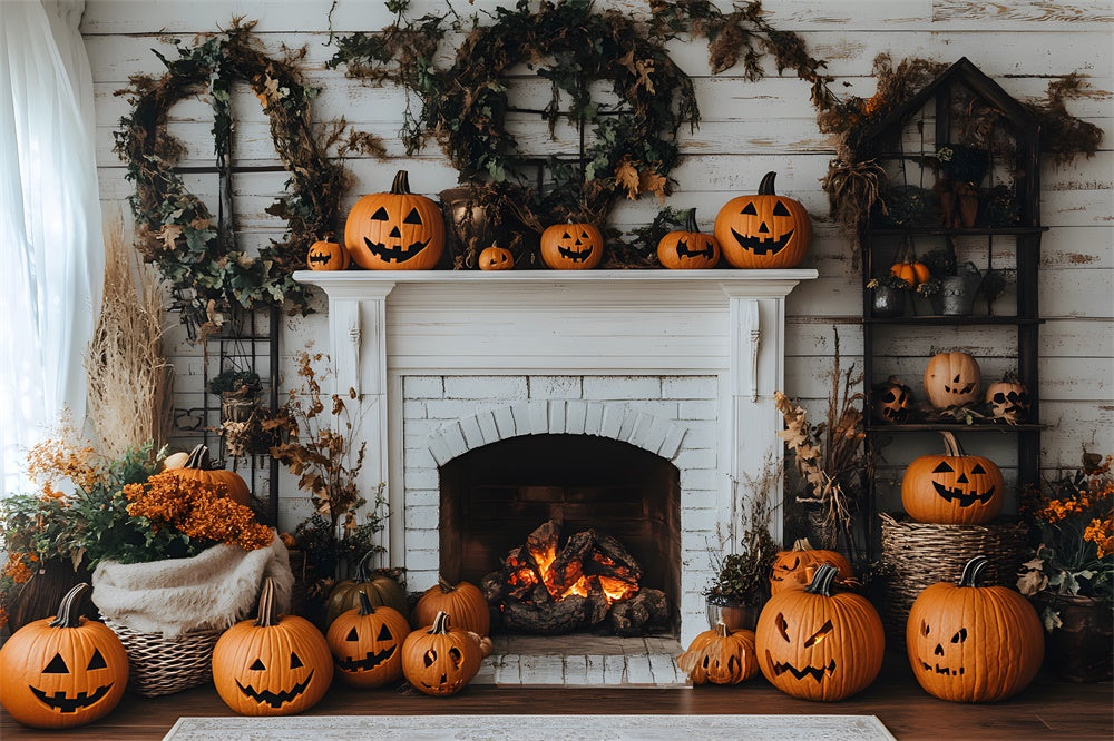 Fall Evil Pumpkins Wreath Fireplace Backdrop RR8-321