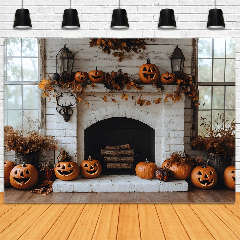 Autumn Brick Fireplace Pumpkins Backdrop RR8-322