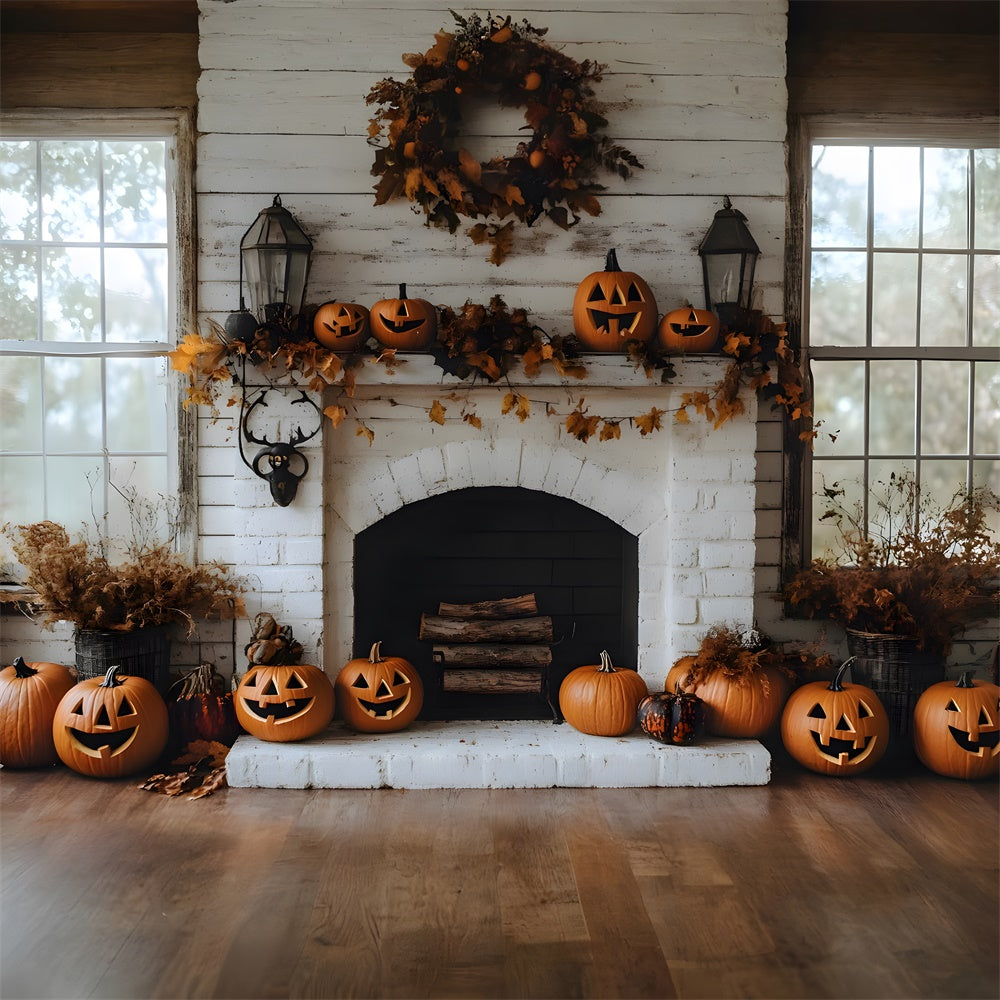 Autumn Brick Fireplace Pumpkins Backdrop RR8-322