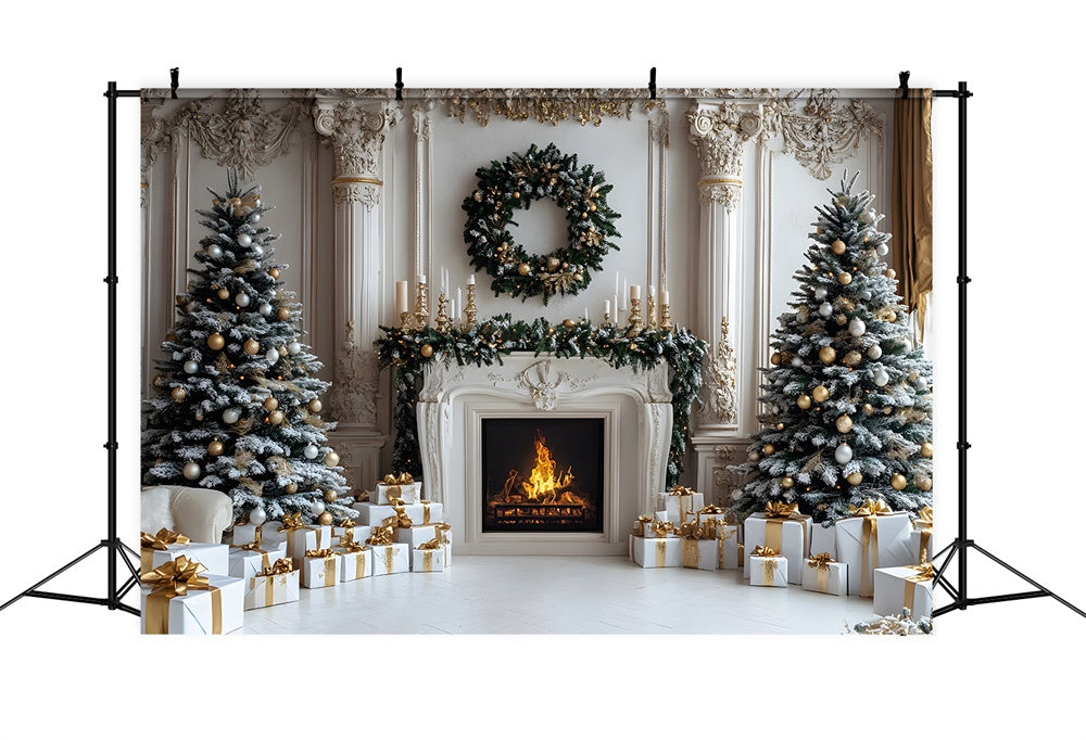 Christmas Trees Gift Boxes Fireplace Backdrop RR8-33