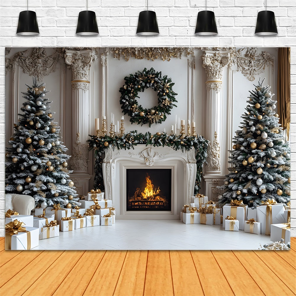 Christmas Trees Gift Boxes Fireplace Backdrop RR8-33