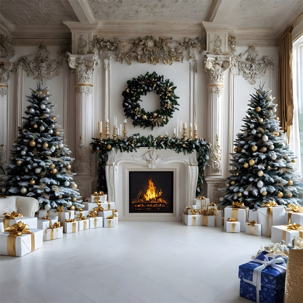 Christmas Trees Gift Boxes Fireplace Backdrop RR8-33