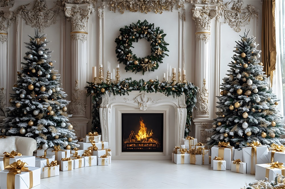 Christmas Trees Gift Boxes Fireplace Backdrop RR8-33