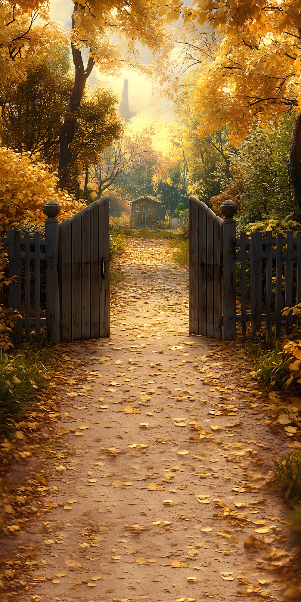 Autumn Sweep Maple Forest Cabin Fence Backdrop RR8-333