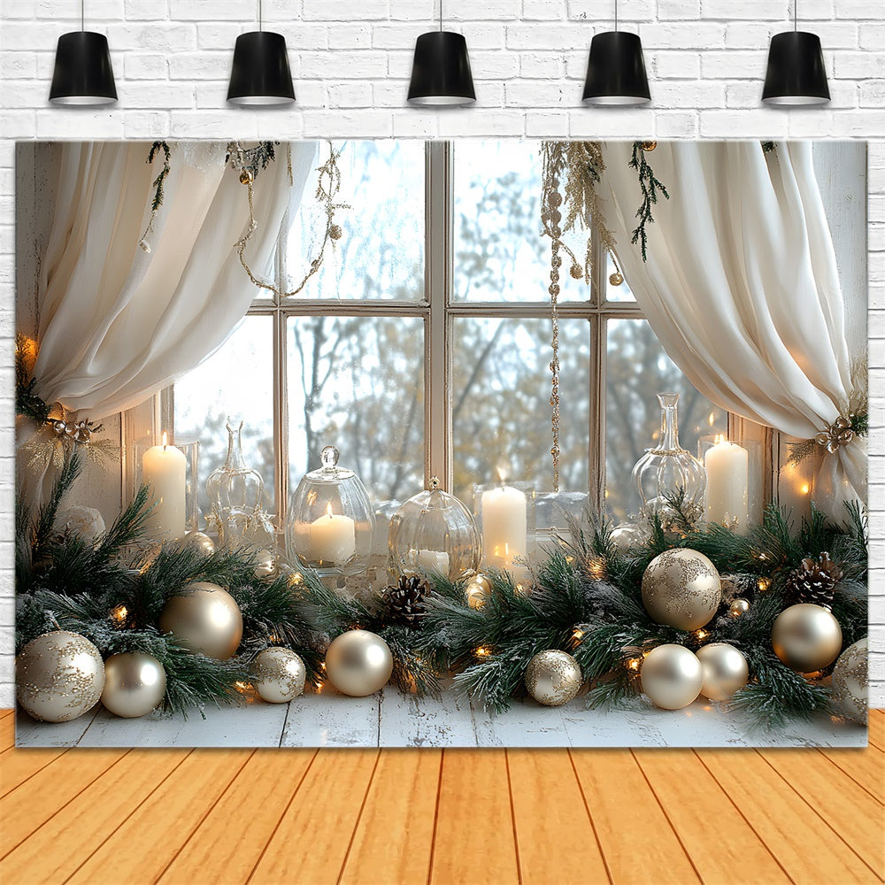 Christmas Balls Candles Window View Backdrop RR8-339