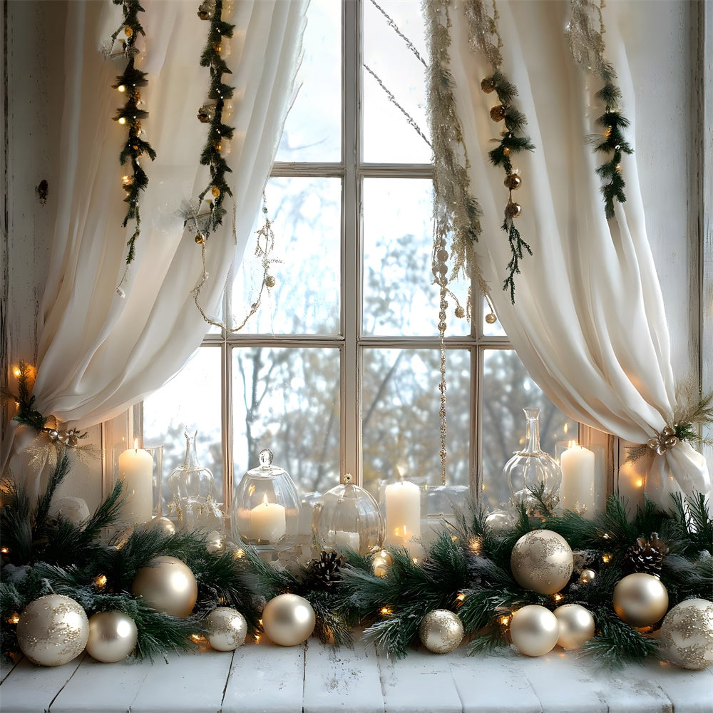 Christmas Balls Candles Window View Backdrop RR8-339