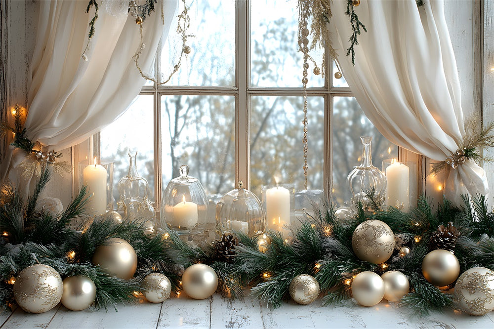 Christmas Balls Candles Window View Backdrop RR8-339