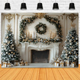 Christmas Wreath Fireplace Trees Backdrop RR8-34