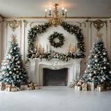 Christmas Wreath Fireplace Trees Backdrop RR8-34