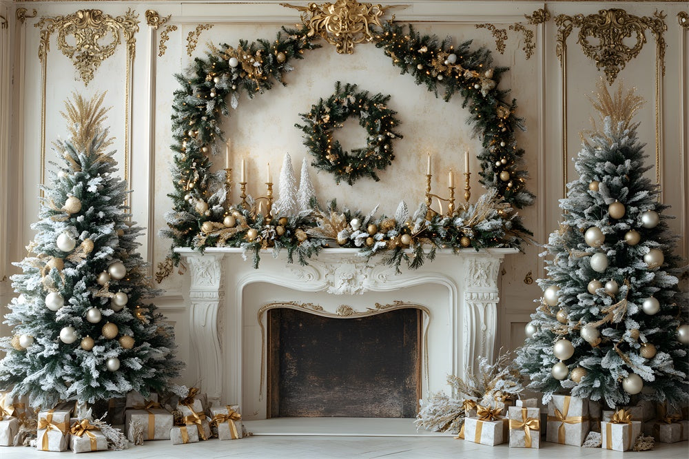 Christmas Wreath Fireplace Trees Backdrop RR8-34