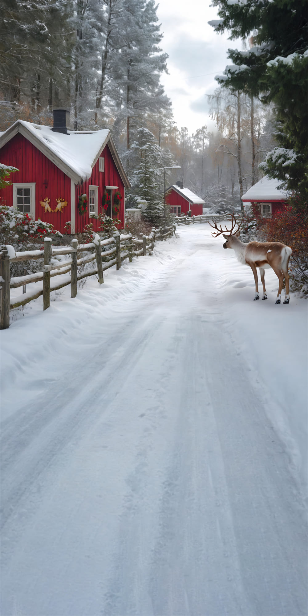 Winter Snow Sweep Village House Reindeer Backdrop RR8-358