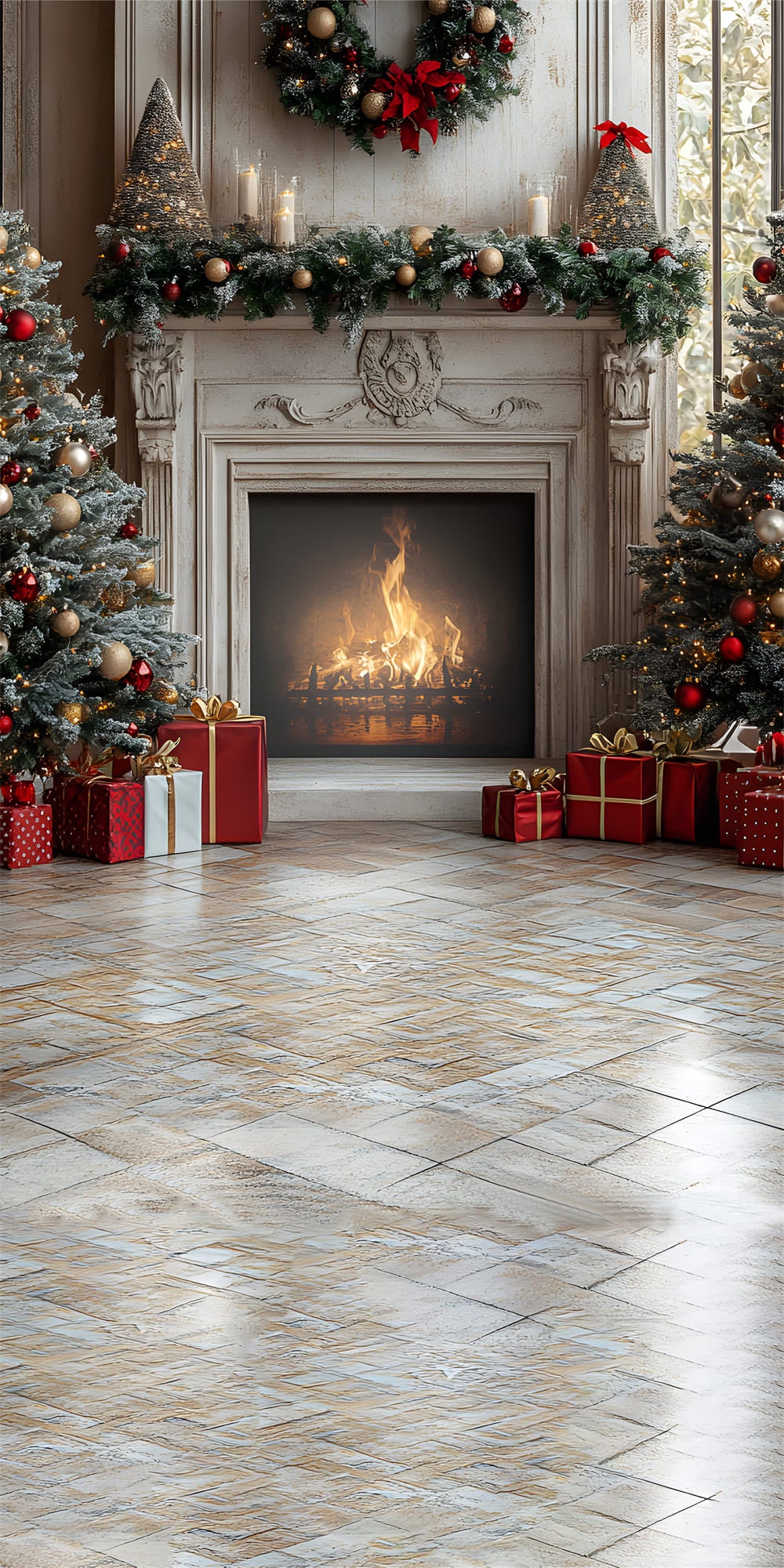 Christmas Floor Sweep Decorated Fireplace Backdrop RR8-360