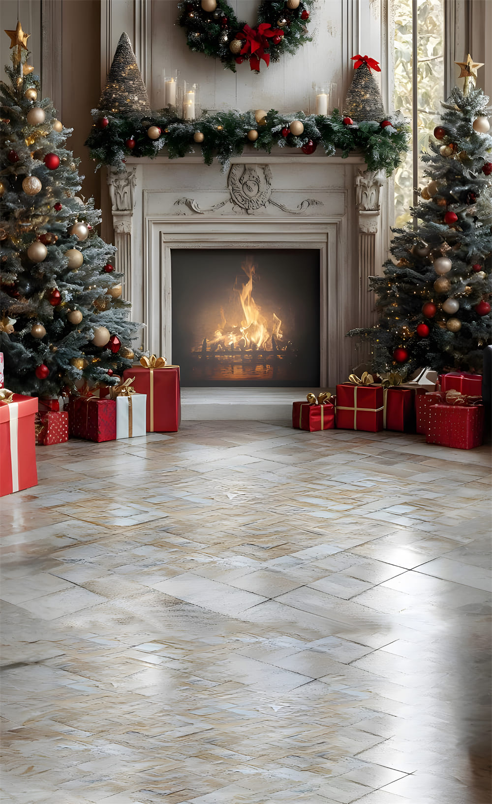 Christmas Floor Sweep Decorated Fireplace Backdrop RR8-360