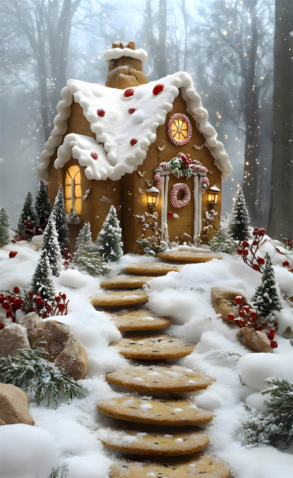 Christmas Snowy Stair Sweep Gingerbread House Backdrop RR8-364