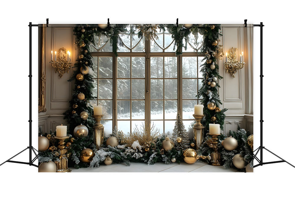 Christmas Wreath Window Snow Forest Backdrop RR8-37