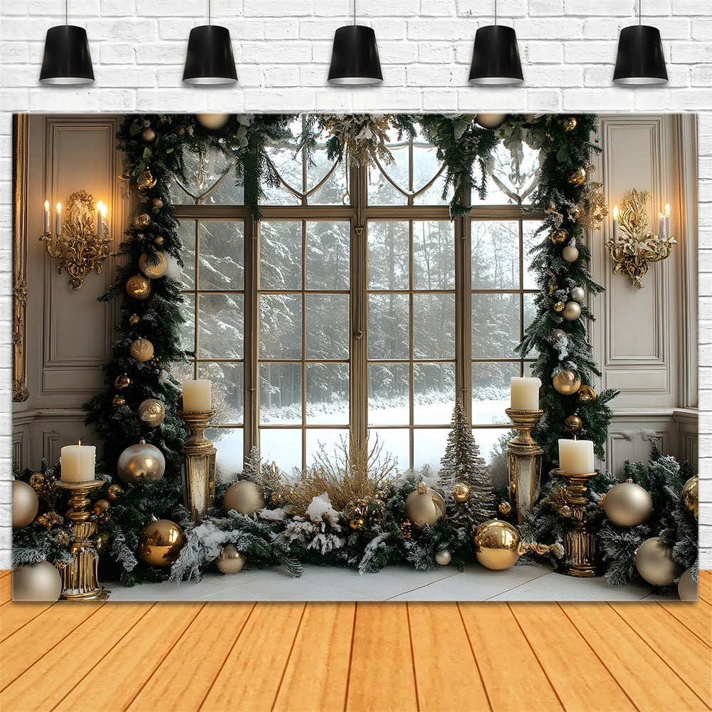 Christmas Wreath Window Snow Forest Backdrop RR8-37