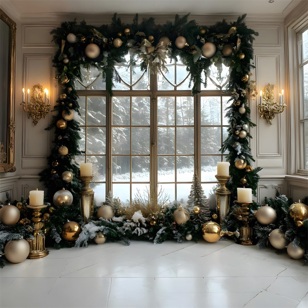 Christmas Wreath Window Snow Forest Backdrop RR8-37