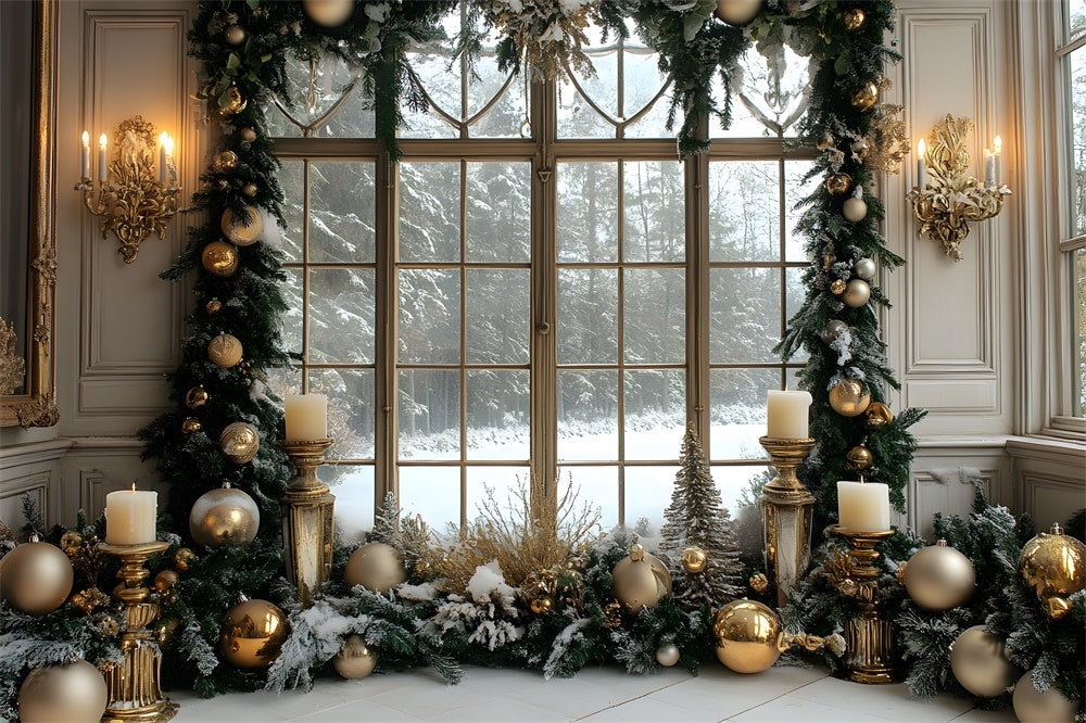 Christmas Wreath Window Snow Forest Backdrop RR8-37