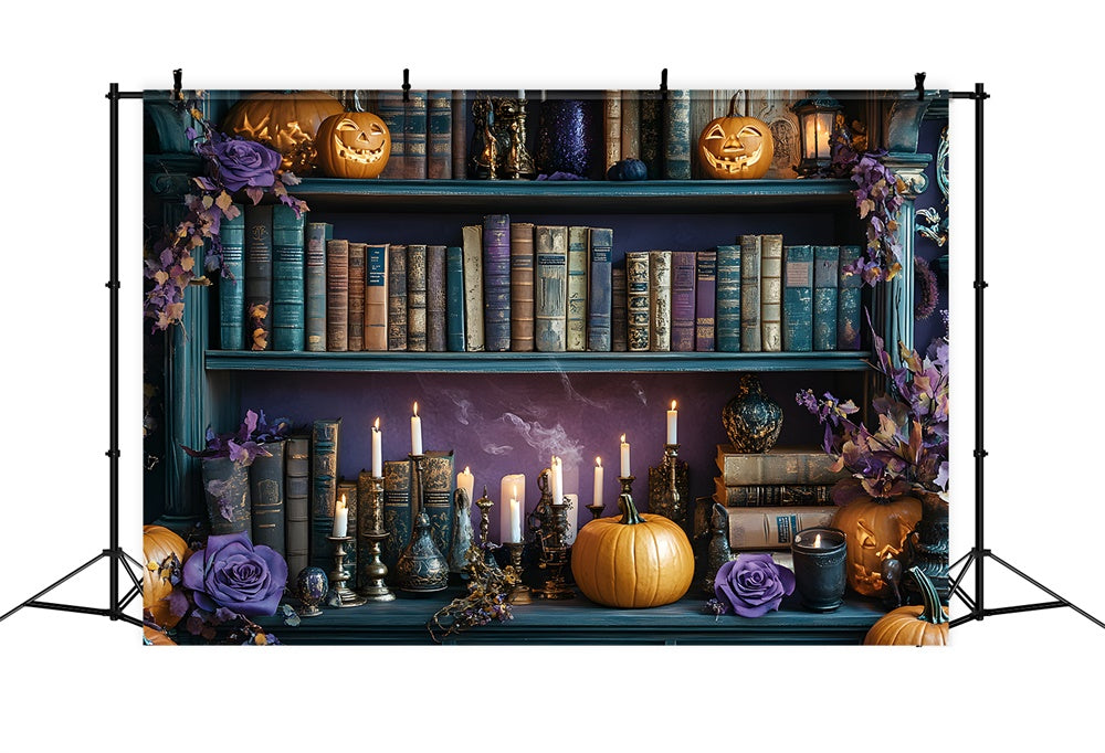 Halloween Book Shelf Pumpkin Candles Backdrop RR8-374