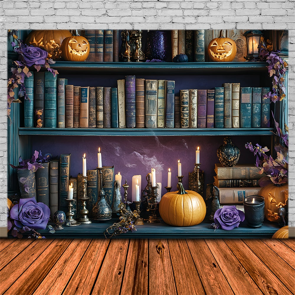 Halloween Book Shelf Pumpkin Candles Backdrop RR8-374