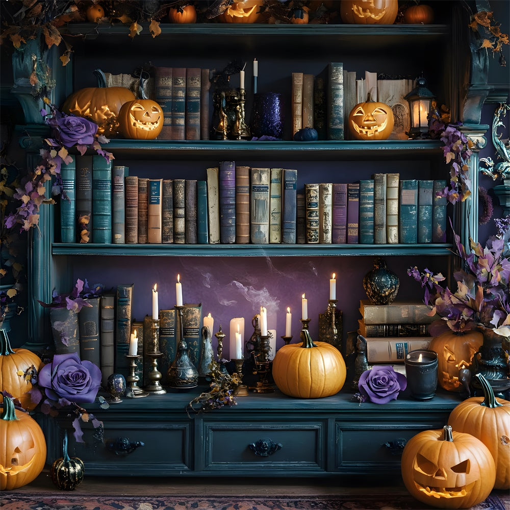 Halloween Book Shelf Pumpkin Candles Backdrop RR8-374