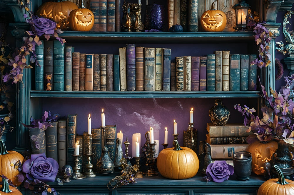 Halloween Book Shelf Pumpkin Candles Backdrop RR8-374